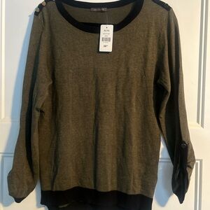Suzy Shier Olive Knit Top with Black Collar